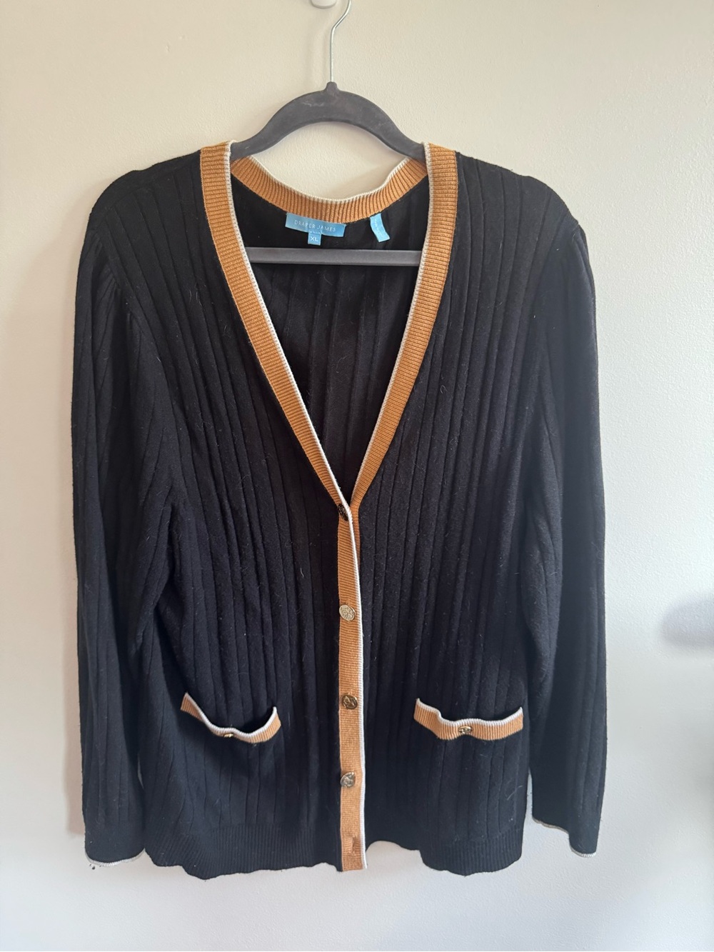 Draper James Black Ribbed Cardigan with Tan Trim